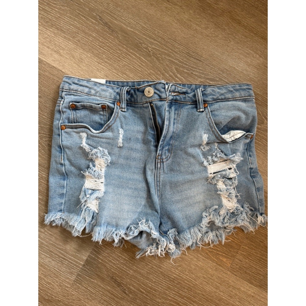 Almost Famous Womens Light Blue Distressed Denim Shorts Size 9 Stretch Cut Off